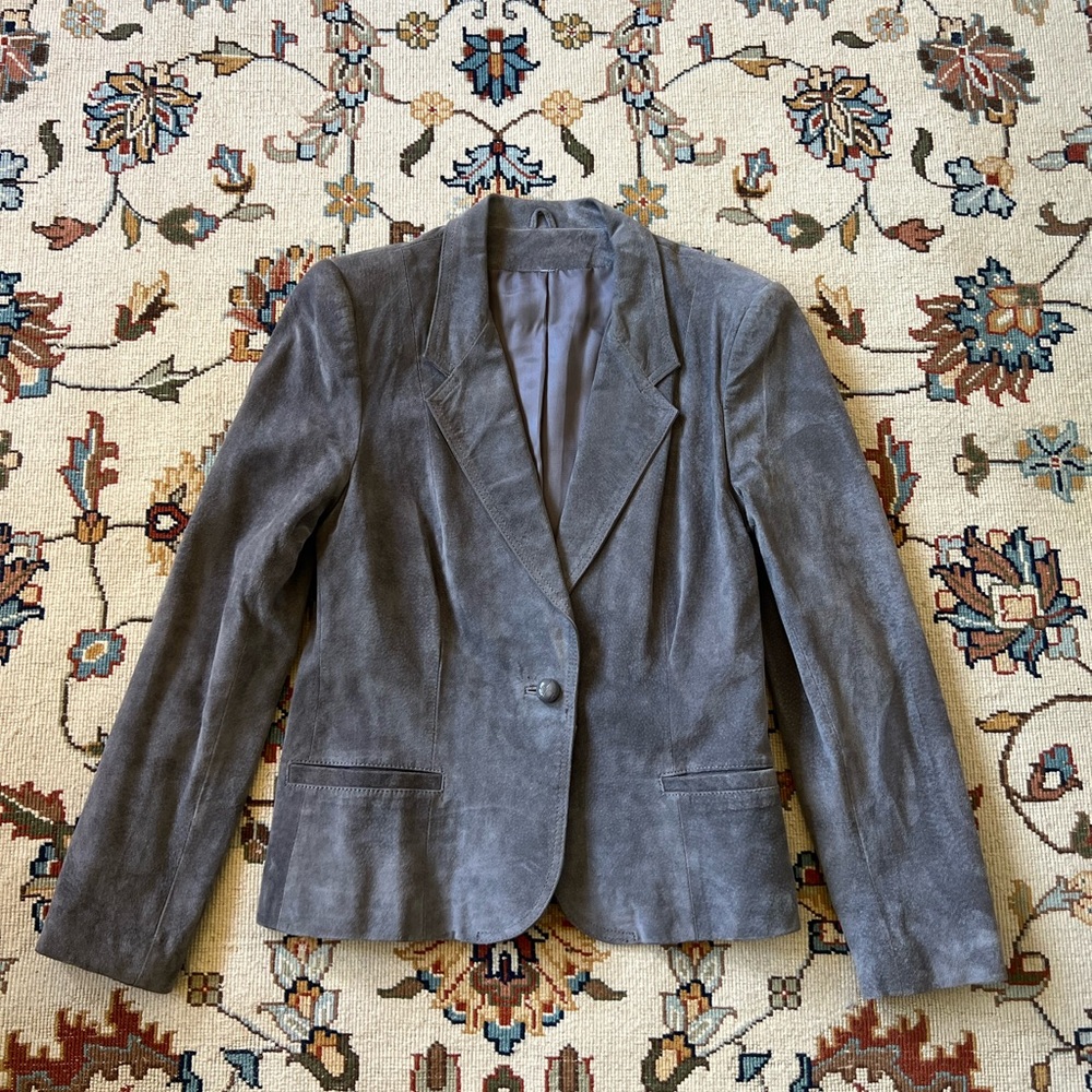Vintage Grey Leather Suede Women's Structured Blazer